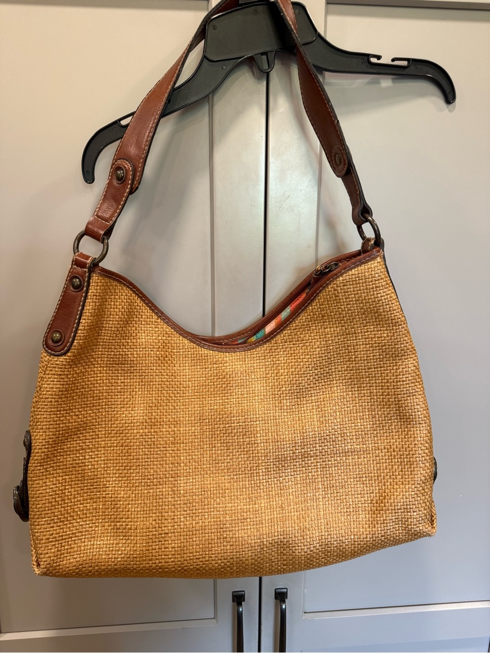Fossil Woven Tan Shoulder Bag with Brown Leather Strap